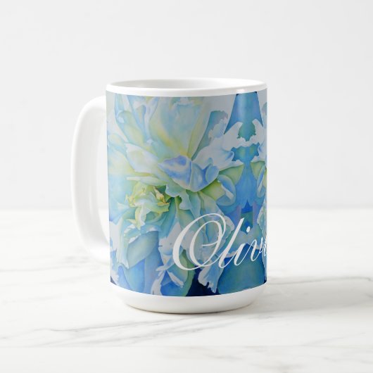 Blauw wit romantisch pioen waterverf schilderij koffiemok (Voorkant links)