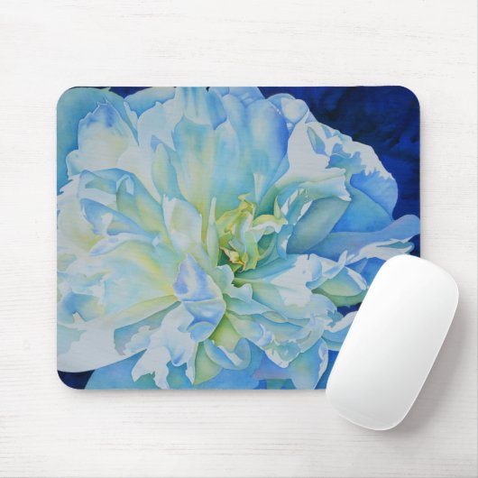 Blauw wit romantisch pioen waterverf schilderij muismat (Met muis)