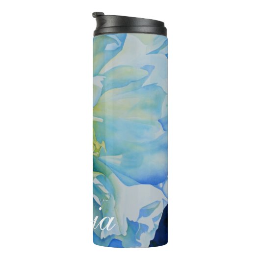 Blauw wit romantisch pioen waterverf schilderij thermosbeker (Geroteerd rechts)