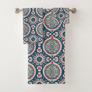 Blauw Wit Rood Blauwgroen Oosters Azulejo Patroon Bad Handdoek