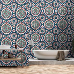 Blauw Wit Rood Blauwgroen Oosters Azulejo Patroon Behang