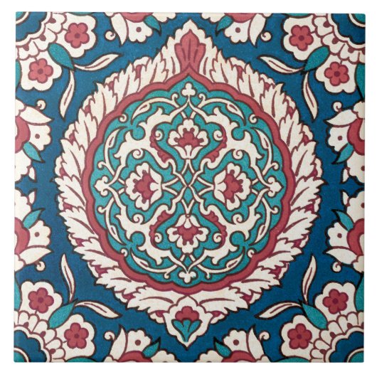 Blauw Wit Rood Blauwgroen Oosters Azulejo Patroon Tegeltje (Voorkant)