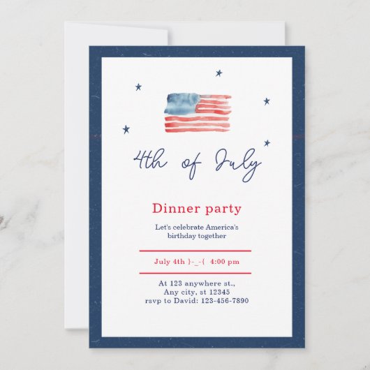 Blauw Wit Rood Minimalist 4 juli Diner Party Kaart (Voorkant)