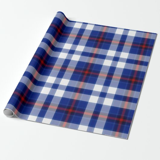 Blauw Wit Rood Tartan Plaid Cadeaupapier (Uitgerold)