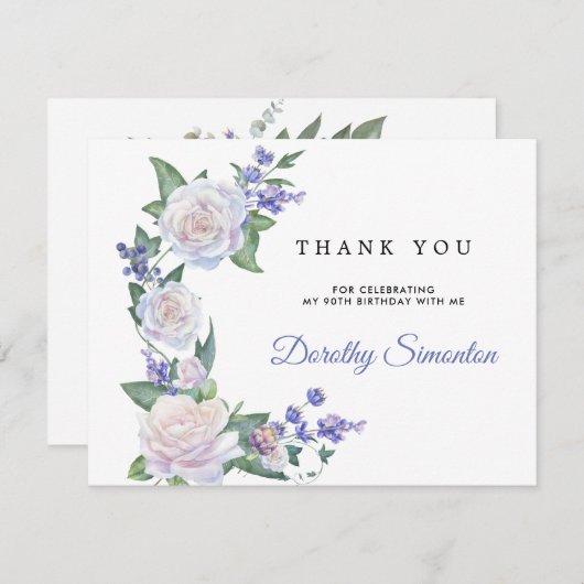 Blauw Wit Rose Bloemen 90ste Verjaardag Bedankkaart (Voorkant / Achterkant)