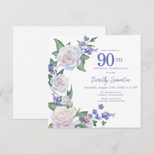 Blauw Wit Rose Bloemen 90ste Verjaardagsplein Kaart (Voorkant / Achterkant)