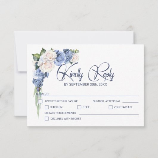 Blauw Wit Rose Bloemen bruiloft RSVP Kaartje (Voorkant)
