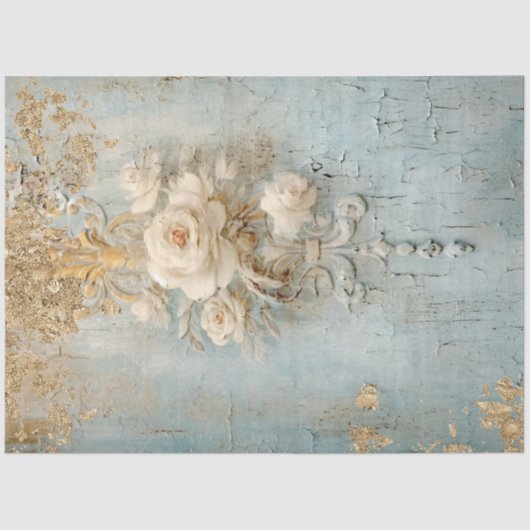  blauw wit Roses gouden folie Decoupage Tissuepapier (Voorkant)