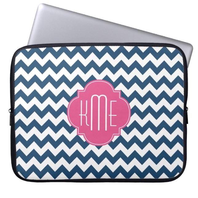 Blauw wit roze Chevron Quatrefoil Monogram Laptop Sleeve (Voorkant)