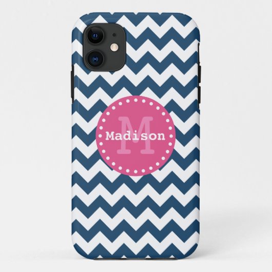 Blauw wit roze Chevron Zigzag Monogram Case-Mate iPhone Case (Achterkant)