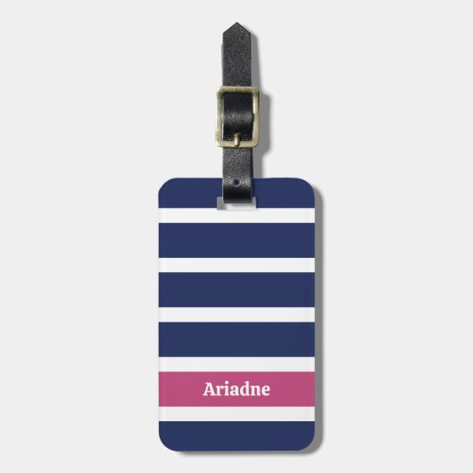 Blauw Wit Roze Gestreept Monogram Bagagelabel (Voorkant verticaal)