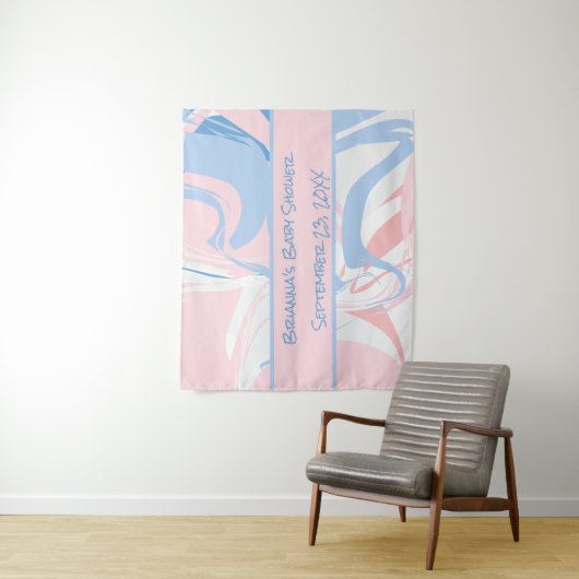 Blauw wit roze marmer Baby shower Wandkleed (In situ)