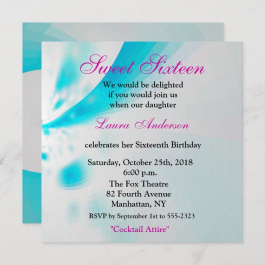 Blauw-wit-roze Moderne Floral Abstract 16th Kaart (Voorkant / Achterkant)