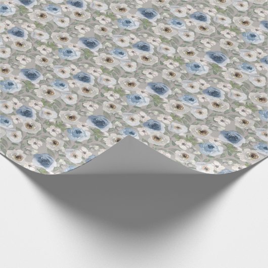 Blauw wit rozen inpakpapier (Hoek)