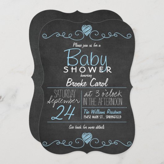 Blauw & Wit Rustiek Krijtbord, Hart Baby shower Kaart (Voorkant / Achterkant)