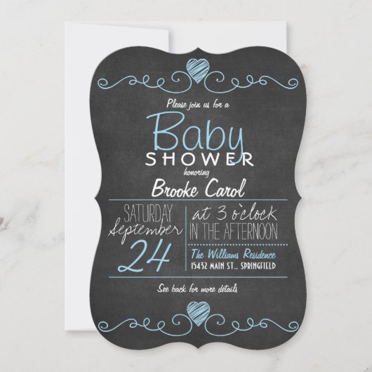 Blauw & Wit Rustiek Krijtbord, Hart Baby shower Kaart (Voorkant)