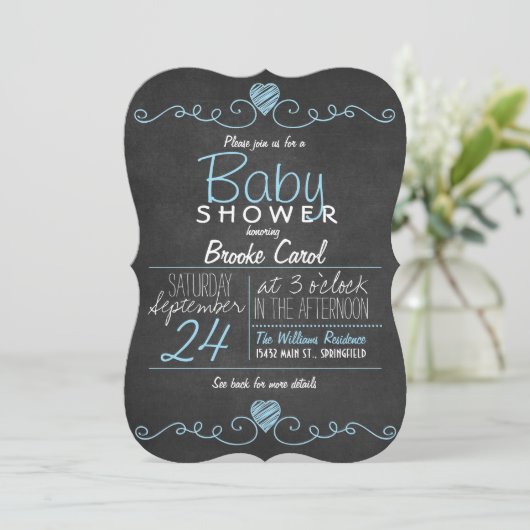Blauw & Wit Rustiek Krijtbord, Hart Baby shower Kaart (Staand voorkant)