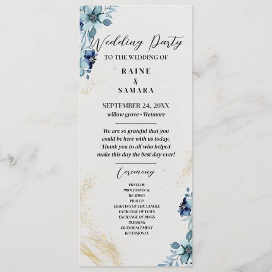 Blauw & Wit Rustieke Bloemen Wedding Party Program Programmakaart (Voorkant)