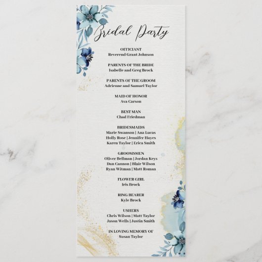 Blauw & Wit Rustieke Bloemen Wedding Party Program Programmakaart (Achterkant)