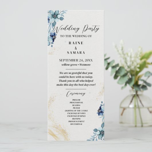 Blauw & Wit Rustieke Bloemen Wedding Party Program Programmakaart (Staand voorkant)