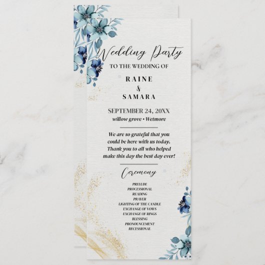 Blauw & Wit Rustieke Bloemen Wedding Party Program Programmakaart (Voorkant / Achterkant)