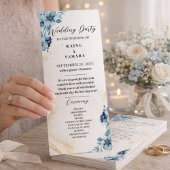 Blauw & Wit Rustieke Bloemen Wedding Party Program Programmakaart
