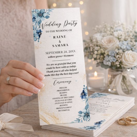 Blauw & Wit Rustieke Bloemen Wedding Party Program Programmakaart