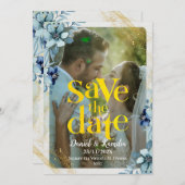 Blauw & Wit Rustieke Bloemenfoto Bewaar de datum Save The Date (Voorkant / Achterkant)
