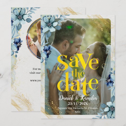 Blauw & Wit Rustieke Bloemenfoto Bewaar de datum Save The Date (Voorkant / Achterkant)