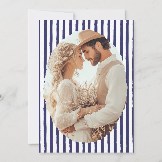 Blauw-wit rustieke bruiloft save the date (Achterkant)