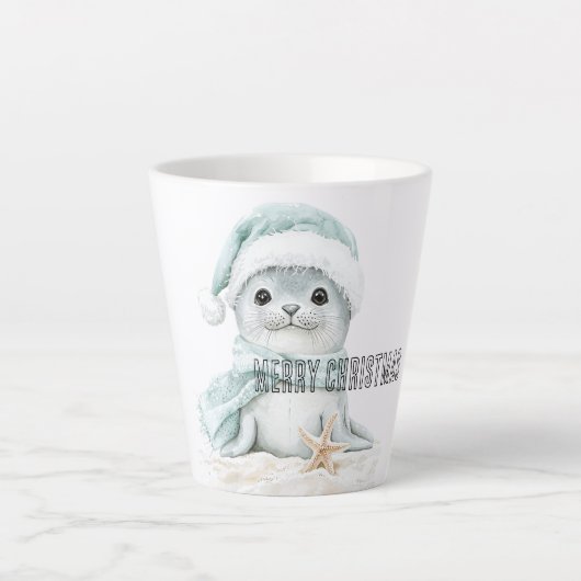 Blauw Wit Santa Hat Sjaal Seal Kerstmis Latte Mok (Voorkant)
