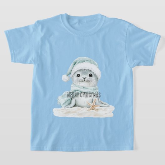 Blauw Wit Santa Hat Sjaal Seal Kerstmis T-shirt (Laagn)