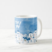 Blauw-wit Santorini Griekenland Monogram Koffiemok (Voorkant rechts)