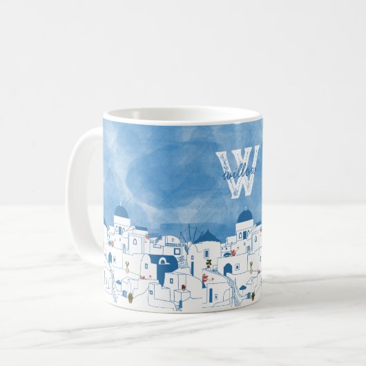 Blauw-wit Santorini Griekenland Monogram Koffiemok (Voorkant links)
