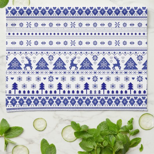 Blauw-wit Scandinavische Kerst Theedoek (Gevouwen)