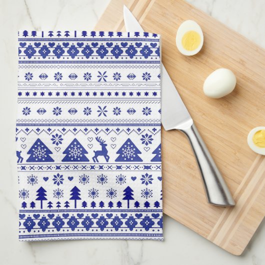 Blauw-wit Scandinavische Kerst Theedoek (Quarter Fold)