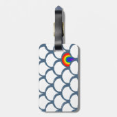 Blauw & Wit Schets Scallop Patroon & Regenboog Bagagelabel (Achterkant verticaal)