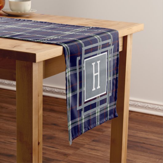 Blauw wit Schotse ruit Monogram Korte Tafelloper (Voorbeeld)