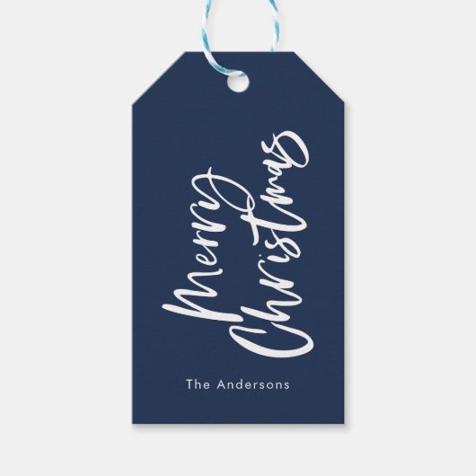 Blauw-wit script vrolijk kerstfeest cadeaulabel (Voorkant)
