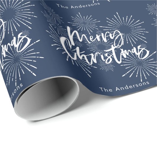 Blauw-wit script vrolijk kerstfeest cadeaupapier (Rol Hoek)