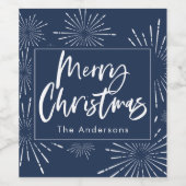 Blauw-wit script vrolijk kerstfeest wijn etiket (Enkel label)