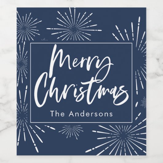 Blauw-wit script vrolijk kerstfeest wijn etiket (Enkel label)