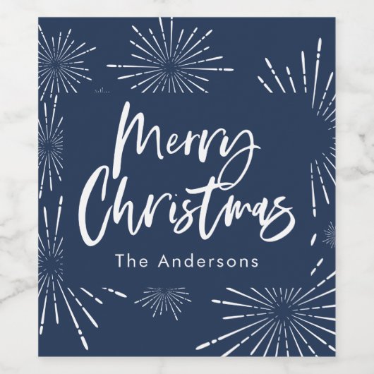 Blauw-wit script vrolijk kerstfeest wijn etiket (Enkel label)