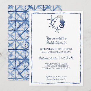 Blauw Wit Shibori Zeepaardje Starfish Beach Bridal Kaart