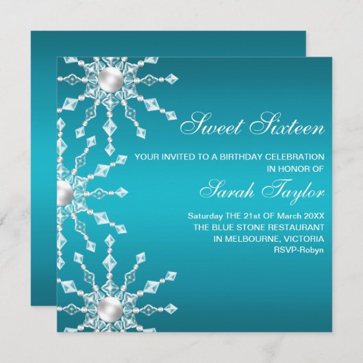 Blauw & Wit Shimmer Snowflake Verjaardag Uitnodige Kaart (Voorkant / Achterkant)