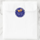 Blauw wit sinaasappel damast elegant ronde sticker (Tas)