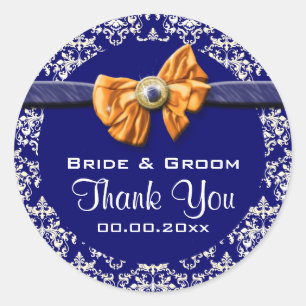 Blauw wit sinaasappel damast elegant ronde sticker