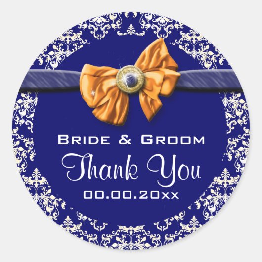 Blauw wit sinaasappel damast elegant ronde sticker (Voorkant)