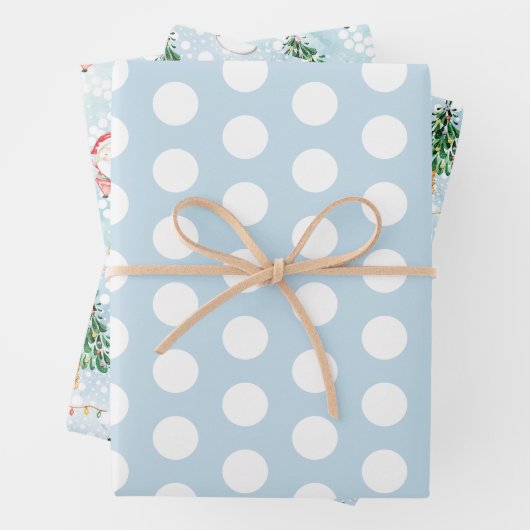 Blauw Wit Sneeuwman Sinterklaas Winter Polka Dots Inpakpapier Vel (In situ)