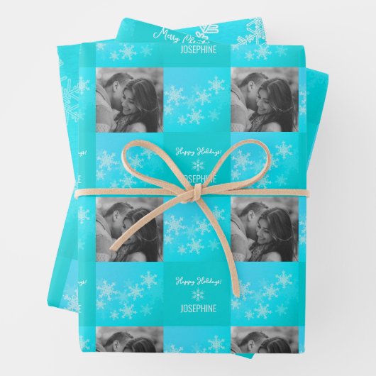 Blauw Wit Sneeuwpop Minimalistische Foto Kerstmis Inpakpapier Vel (In situ)